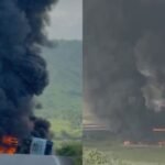 Caminhão-tanque tomba e explode na BR-101 e provoca incêndio de grandes proporções entre Luziápolis e São Miguel dos Campos