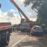Carreta-cegonha com 11 carros tomba após motorista tentar desviar de galho na BR-316, em AL